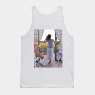 Woman looking out of window at meadow zen yoga buddhism Tank Top